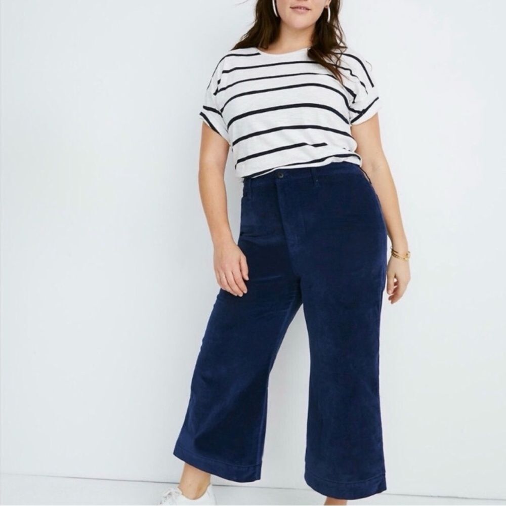 Madewell Emmett Wide Leg Crop Pants Blue Velveteen High Rise Size 34P | 18 Plus